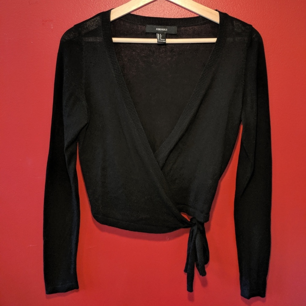 Black Cropped Ballet Wrap Top Long Sleeve